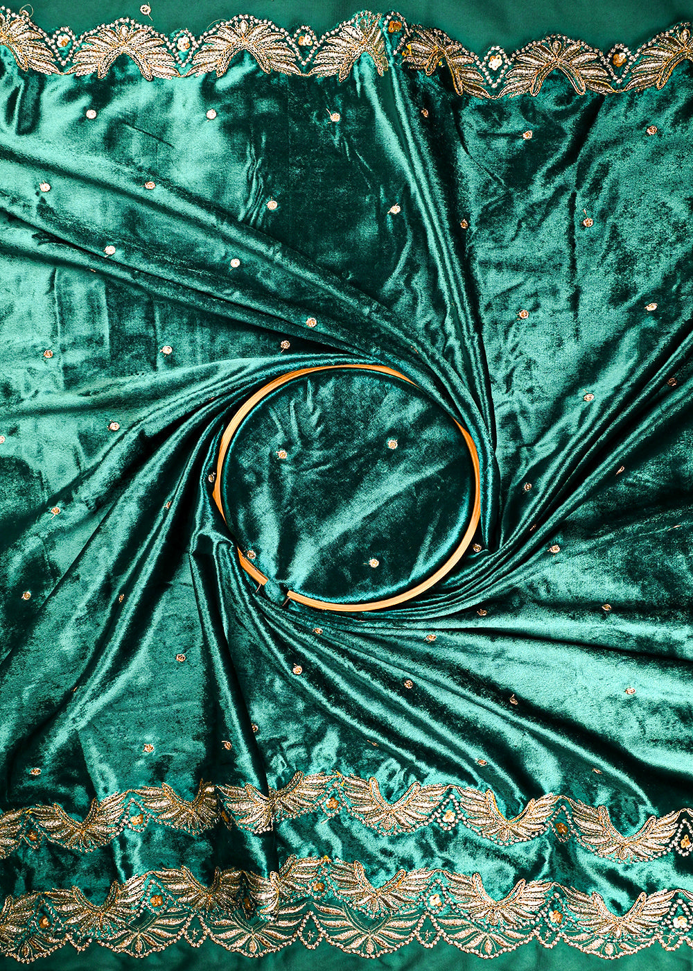 Teal Green Velvet Dupatta Fabric With All Over Zari And Sequins Work With Both Side Border 25147