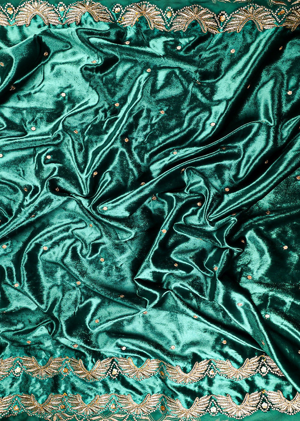 Teal Green Velvet Dupatta Fabric With All Over Zari And Sequins Work With Both Side Border 25147