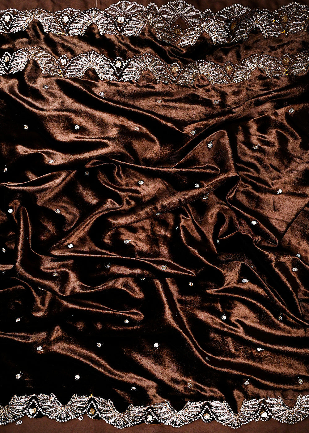 Brown Velvet Dupatta Fabric With All Over Zari And Sequins Work With Both Side Border 25148