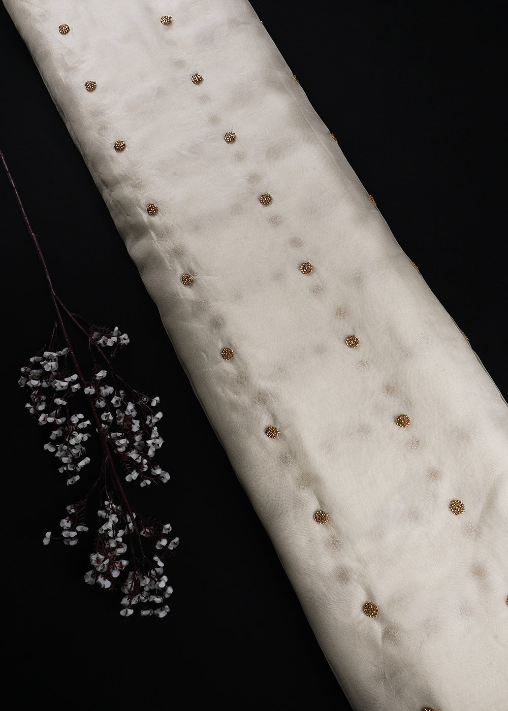 White Dyeable Organza Fabric With All Over Buti Of Katdana Work 25184