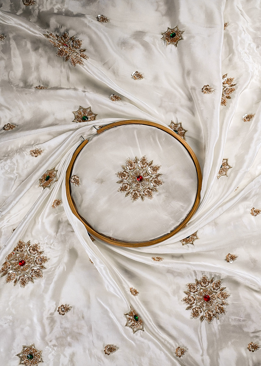 White Dyeable Crepe Fabric With All Over Buti Of Zari, Sequins, Katdana, Bead And Stone Work 25186