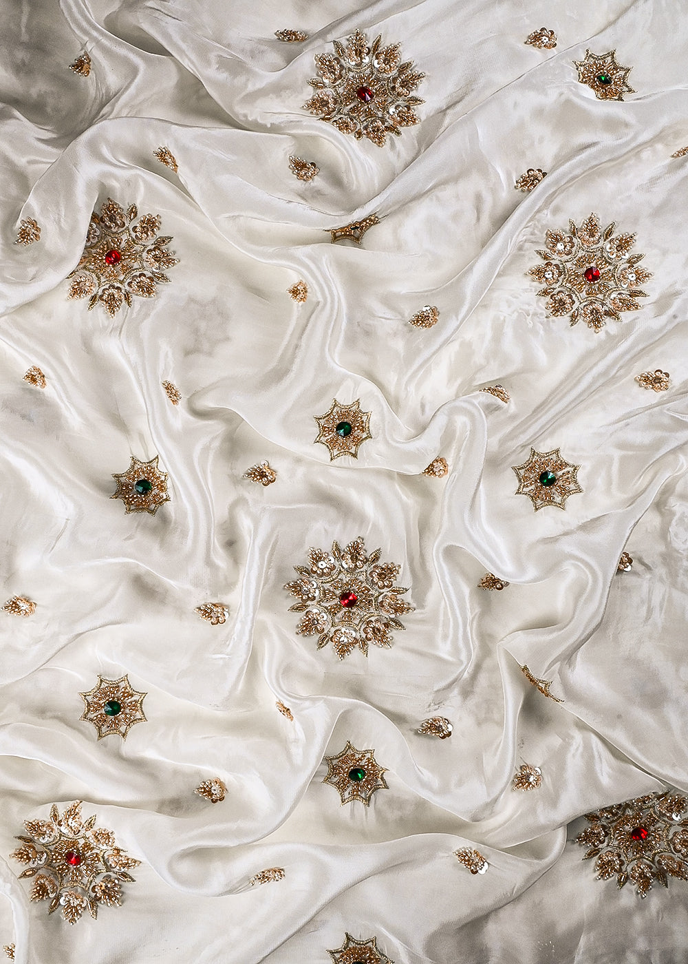 White Dyeable Crepe Fabric With All Over Buti Of Zari, Sequins, Katdana, Bead And Stone Work 25186