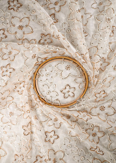White Dyeable Organza Fabric With All Over Sequins And Katdana Work 25187