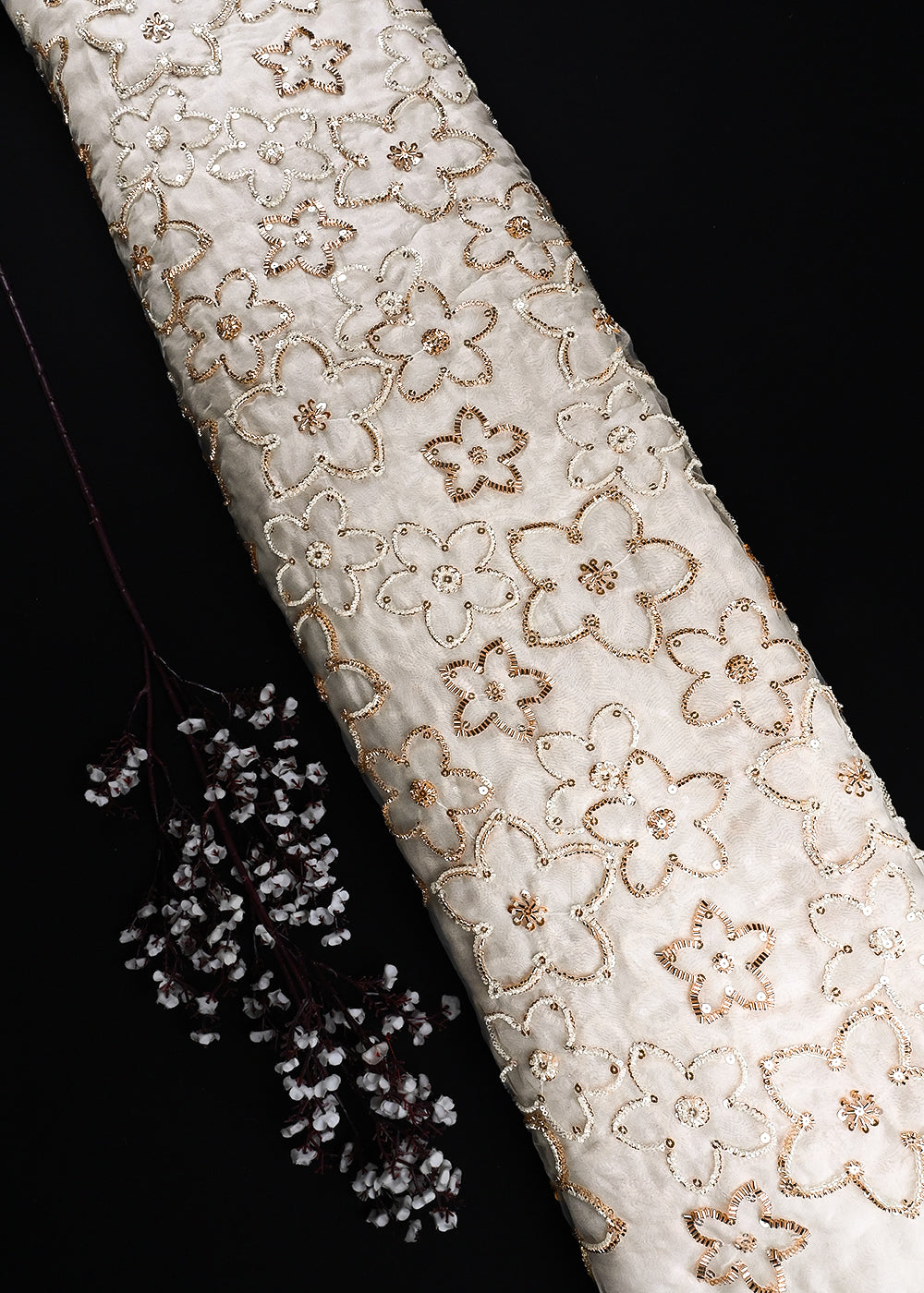 White Dyeable Organza Fabric With All Over Sequins And Katdana Work 25187