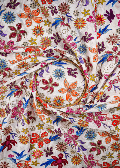 White Crepe Fabric With All Over Zari And Sequins Work 25213