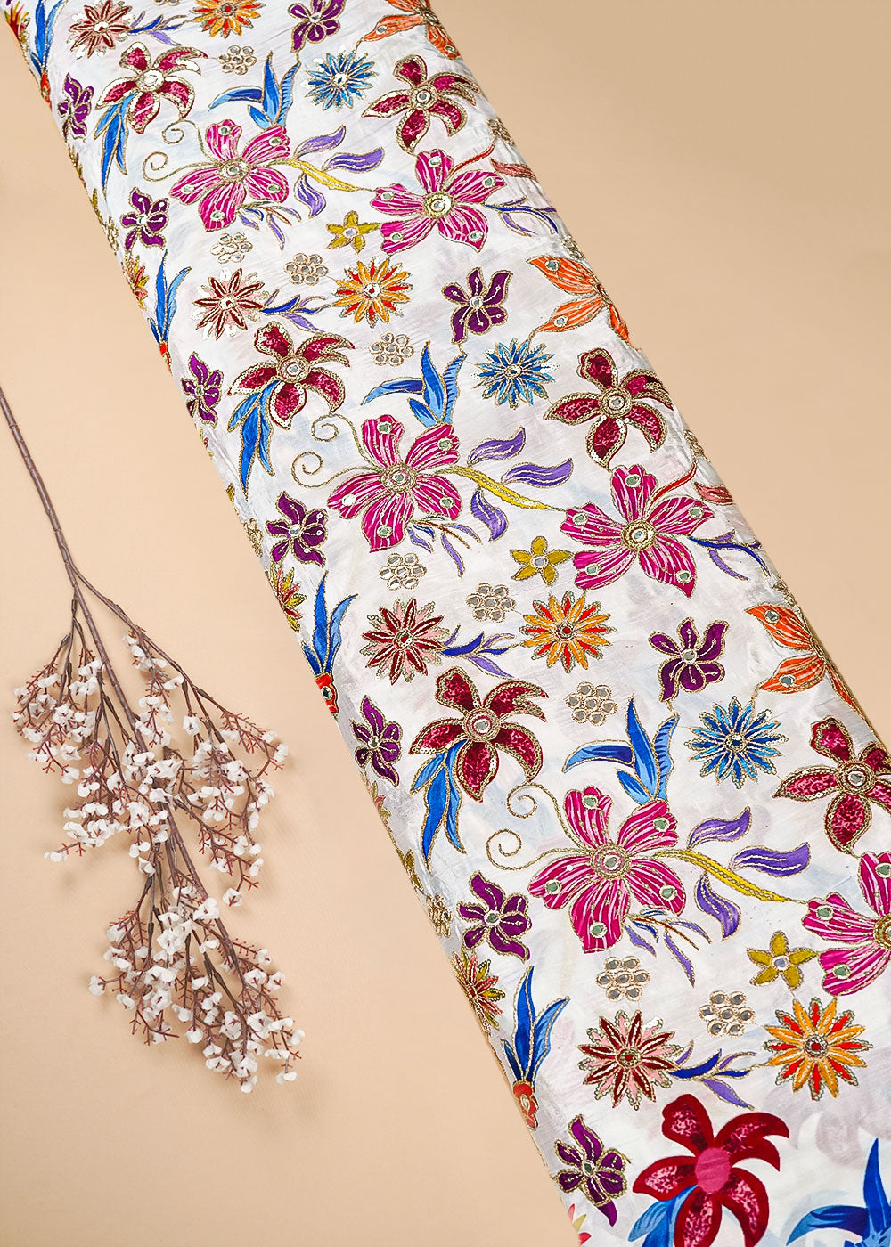 White Crepe Fabric With All Over Zari And Sequins Work 25213