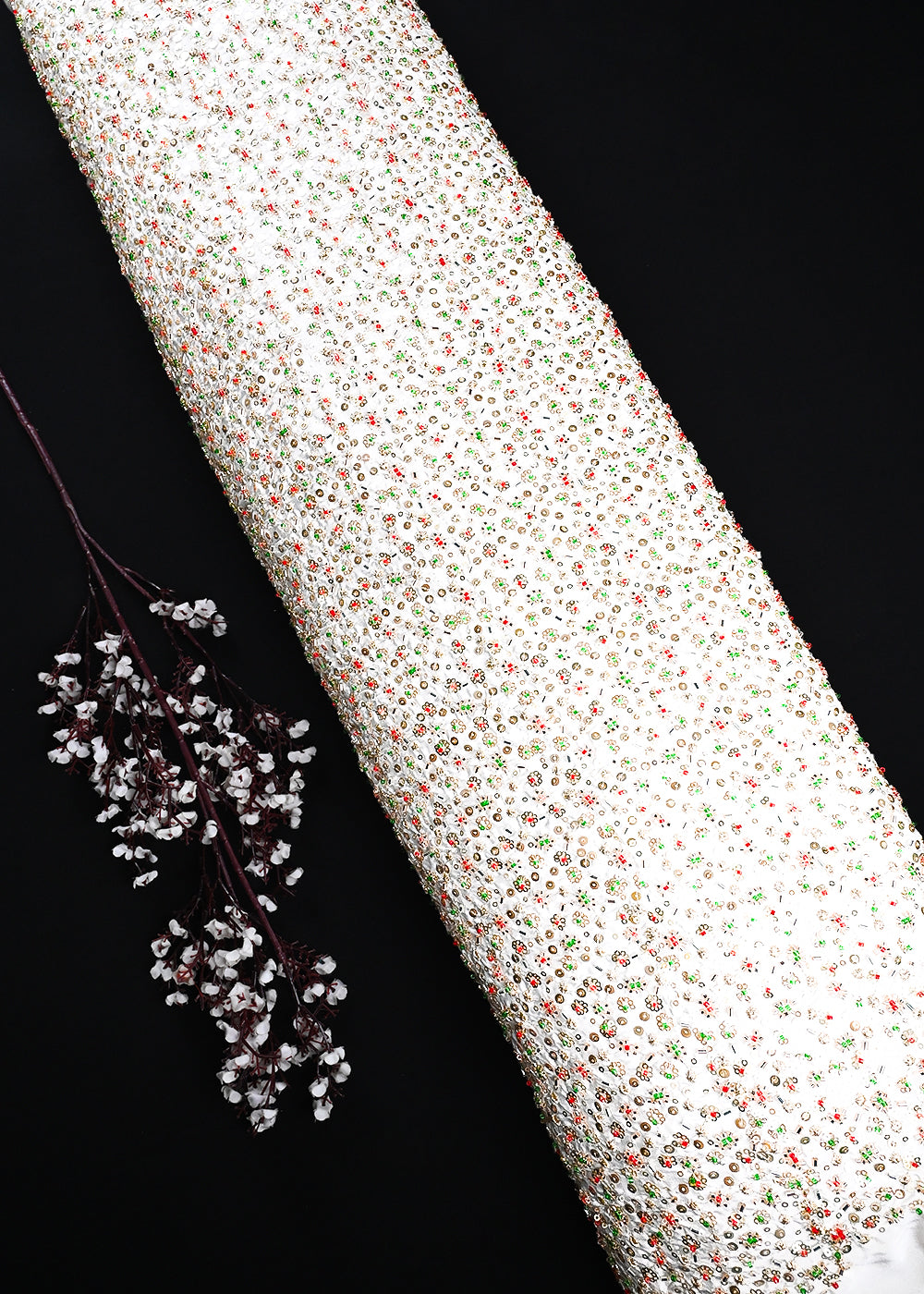 White Dyeable Crepe Fabric With All Over Zari, Sequins And Katdana Work 25216