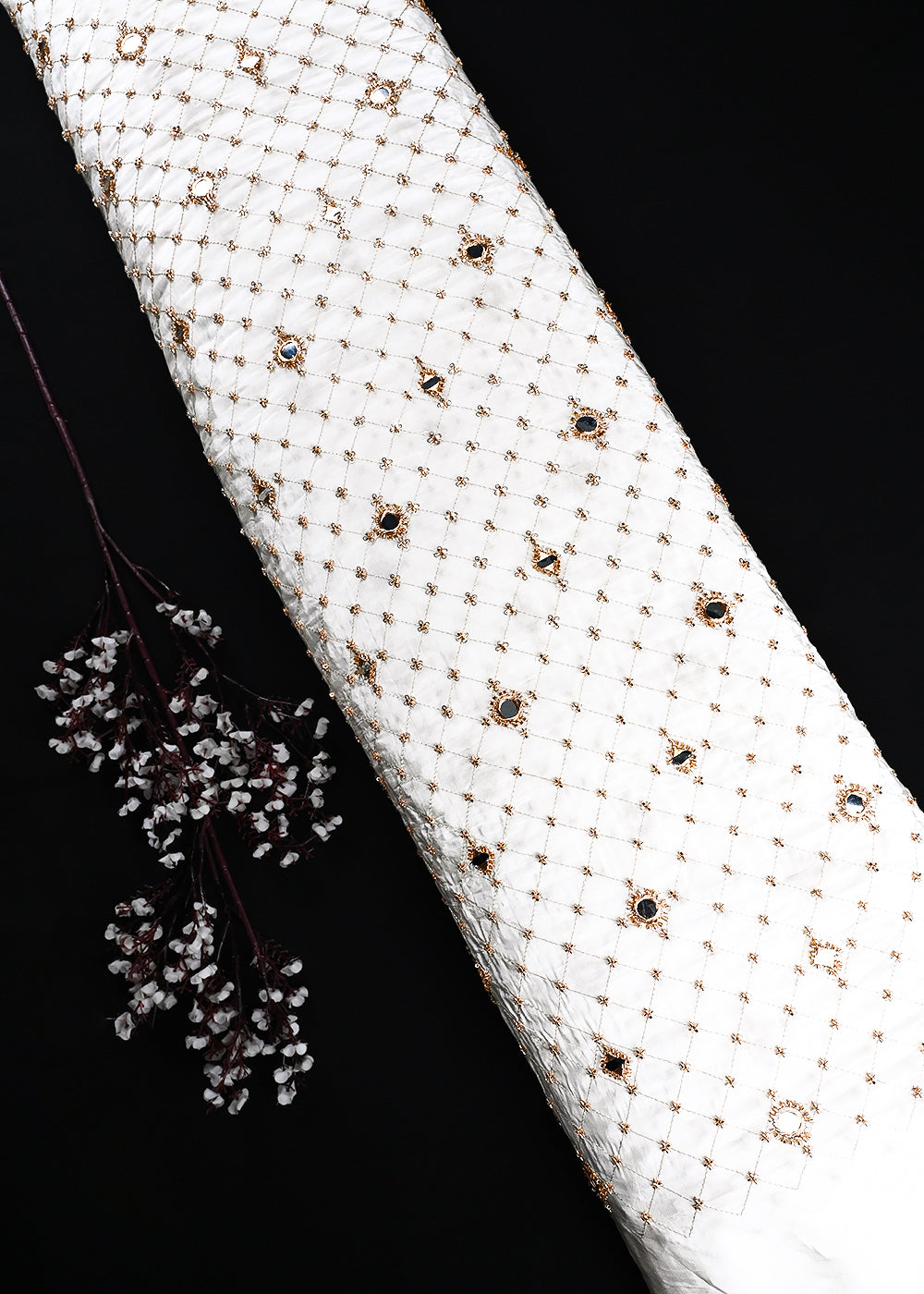 White Dyeable Crepe Fabric With All Over Zari, Sequins, Katdana And Faux Mirror Work 25217
