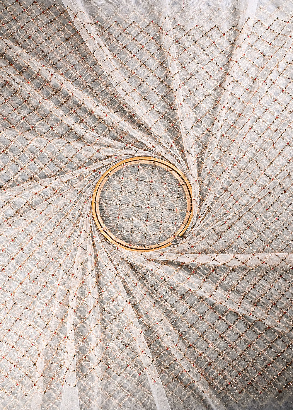 White Dyeable Net Fabric With All Over Sequins And Katdana Work 25220