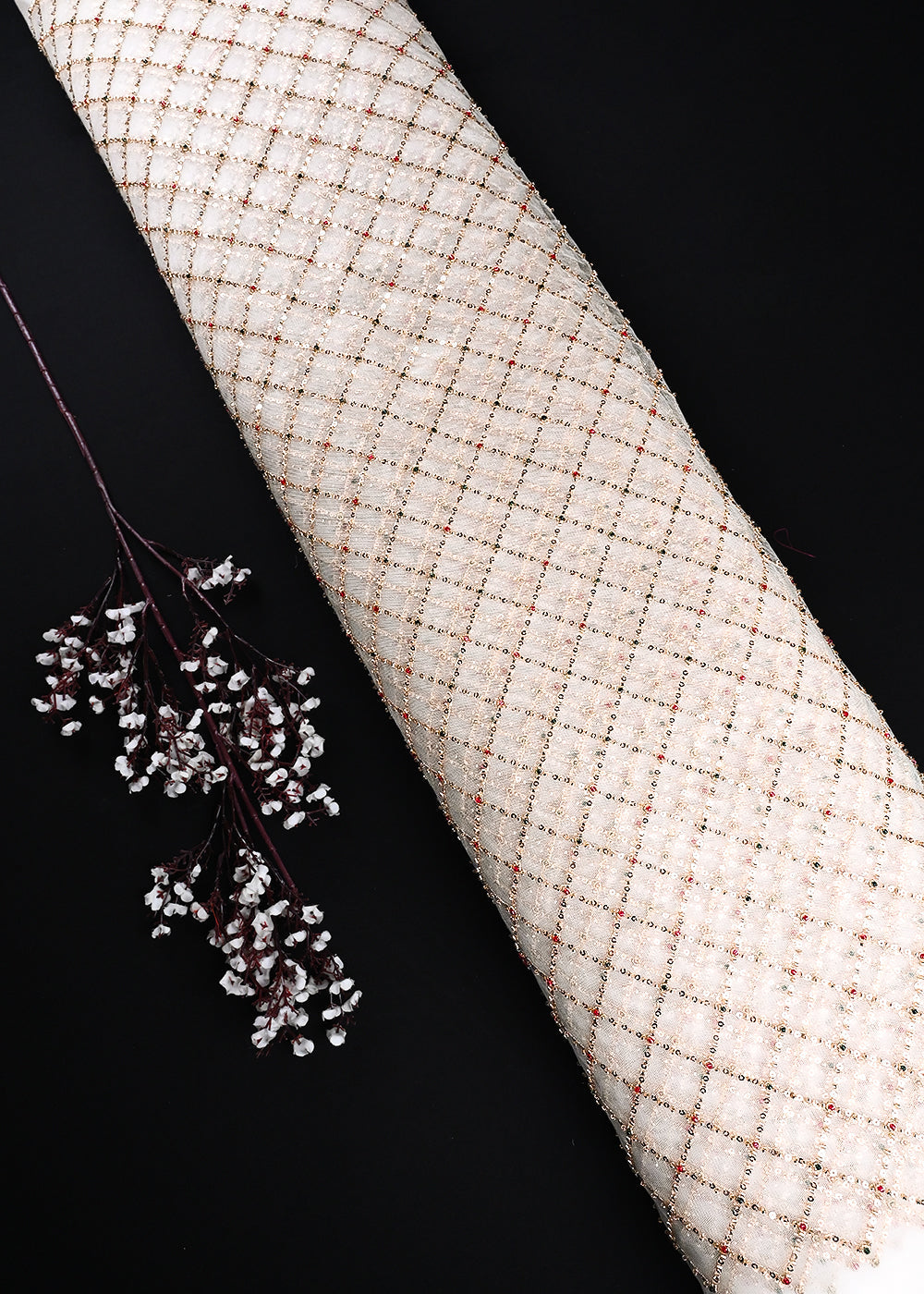 White Dyeable Net Fabric With All Over Sequins And Katdana Work 25220