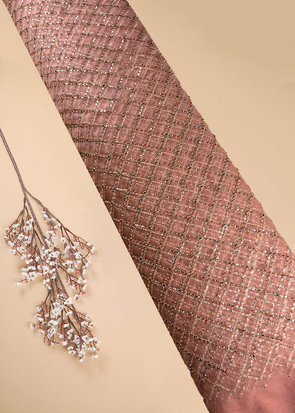 Peach Net Fabric With All Over Sequins And Katdana Work 25221