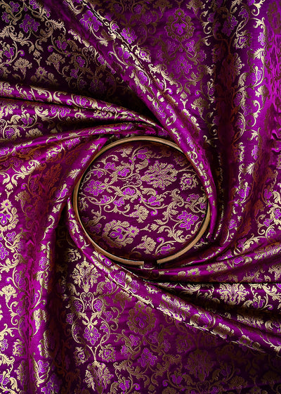 Purple Banarasi Brocade Fabric With All Over Thread And Zari Handloom 25236