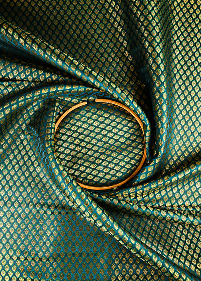 Teal Blue Banarasi Brocade Fabric With All Over Thread And Zari Handloom 25241