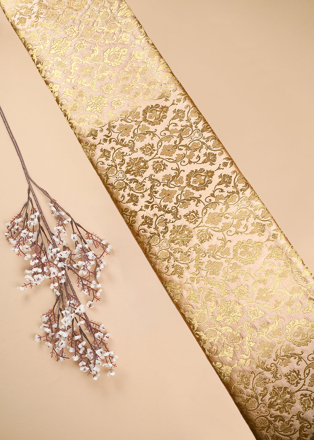 Beige Banarasi Brocade Fabric With All Over Thread And Zari Handloom 25244