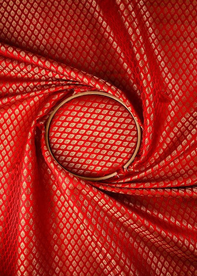 Red Banarasi Brocade Fabric With All Over Thread And Zari Handloom 25246