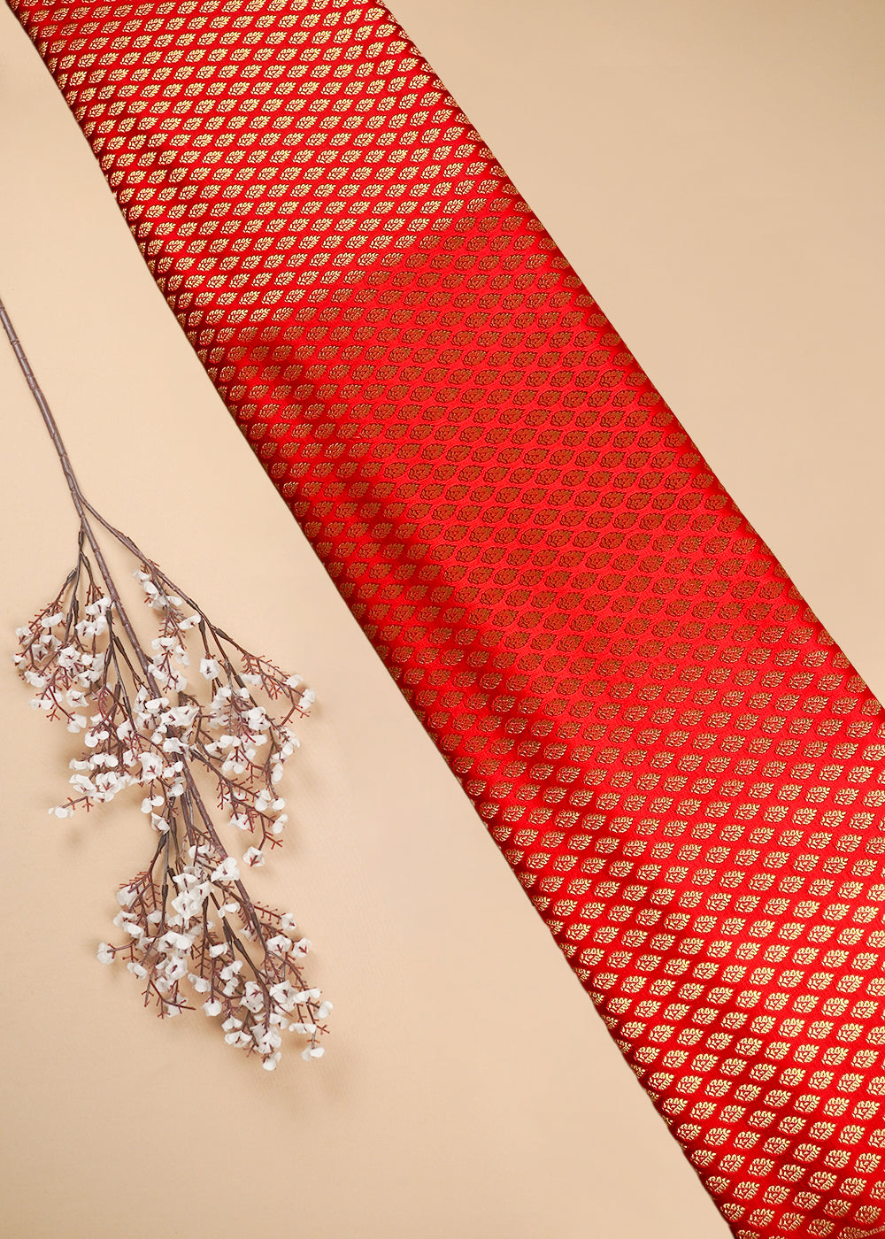 Red Banarasi Brocade Fabric With All Over Thread And Zari Handloom 25246