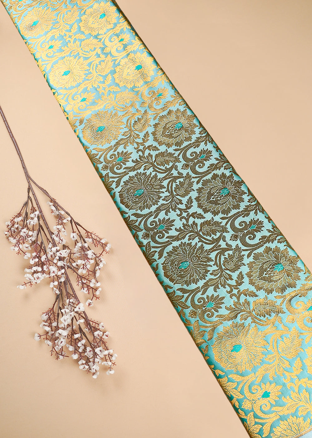 Light Green Banarasi Brocade Fabric With All Over Thread And Zari Handloom 25247