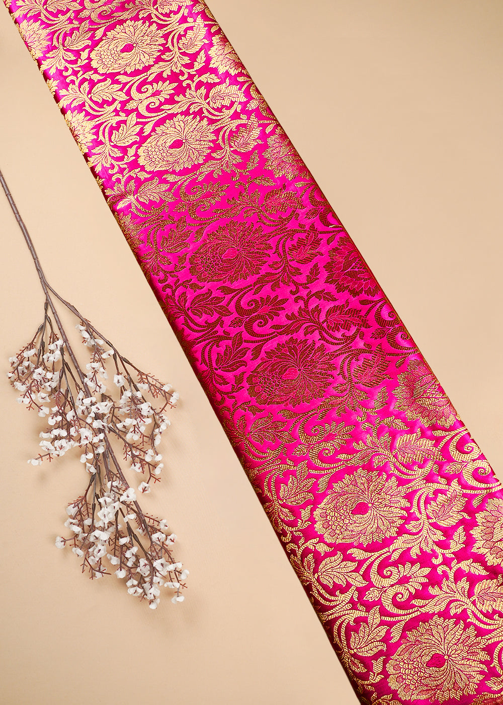 Rani Pink Banarasi Brocade Fabric With All Over Thread And Zari Handloom 25251