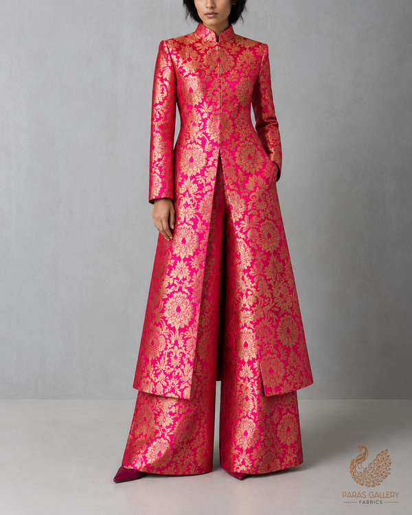 Rani Pink Banarasi Brocade Fabric With All Over Thread And Zari Handloom 25251