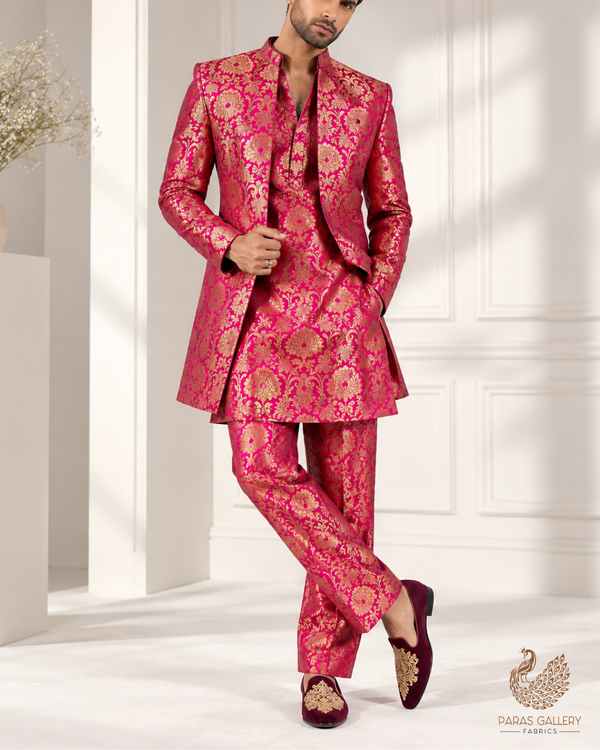 Rani Pink Banarasi Brocade Fabric With All Over Thread And Zari Handloom 25251