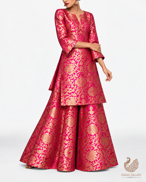 Rani Pink Banarasi Brocade Fabric With All Over Thread And Zari Handloom 25251