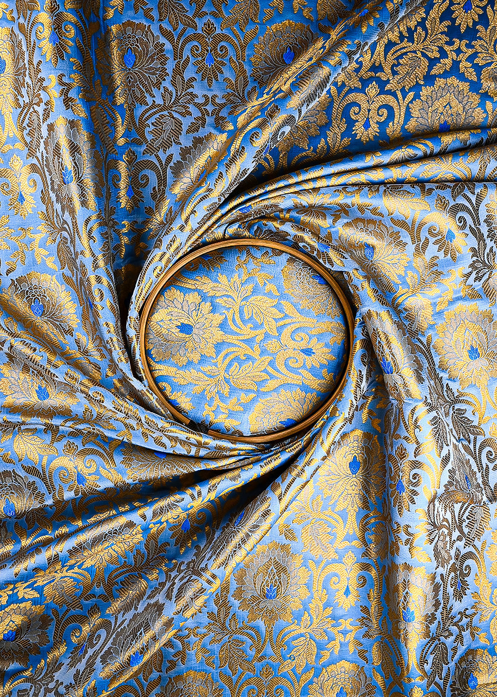 Powder Blue Banarasi Brocade Fabric With All Over Thread And Zari Handloom 25253