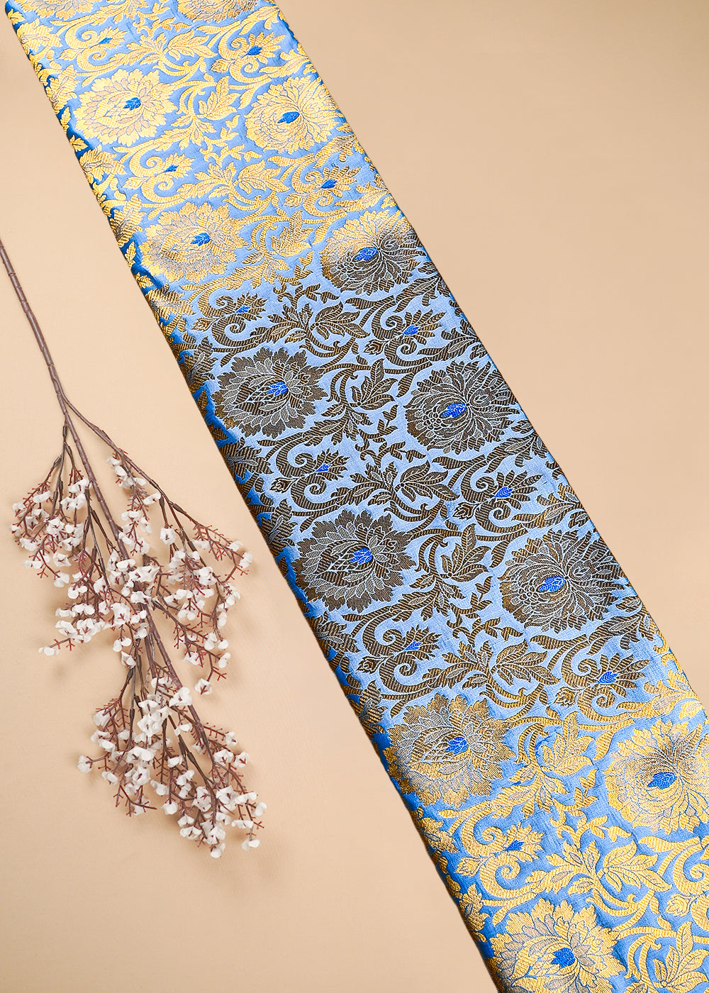 Powder Blue Banarasi Brocade Fabric With All Over Thread And Zari Handloom 25253