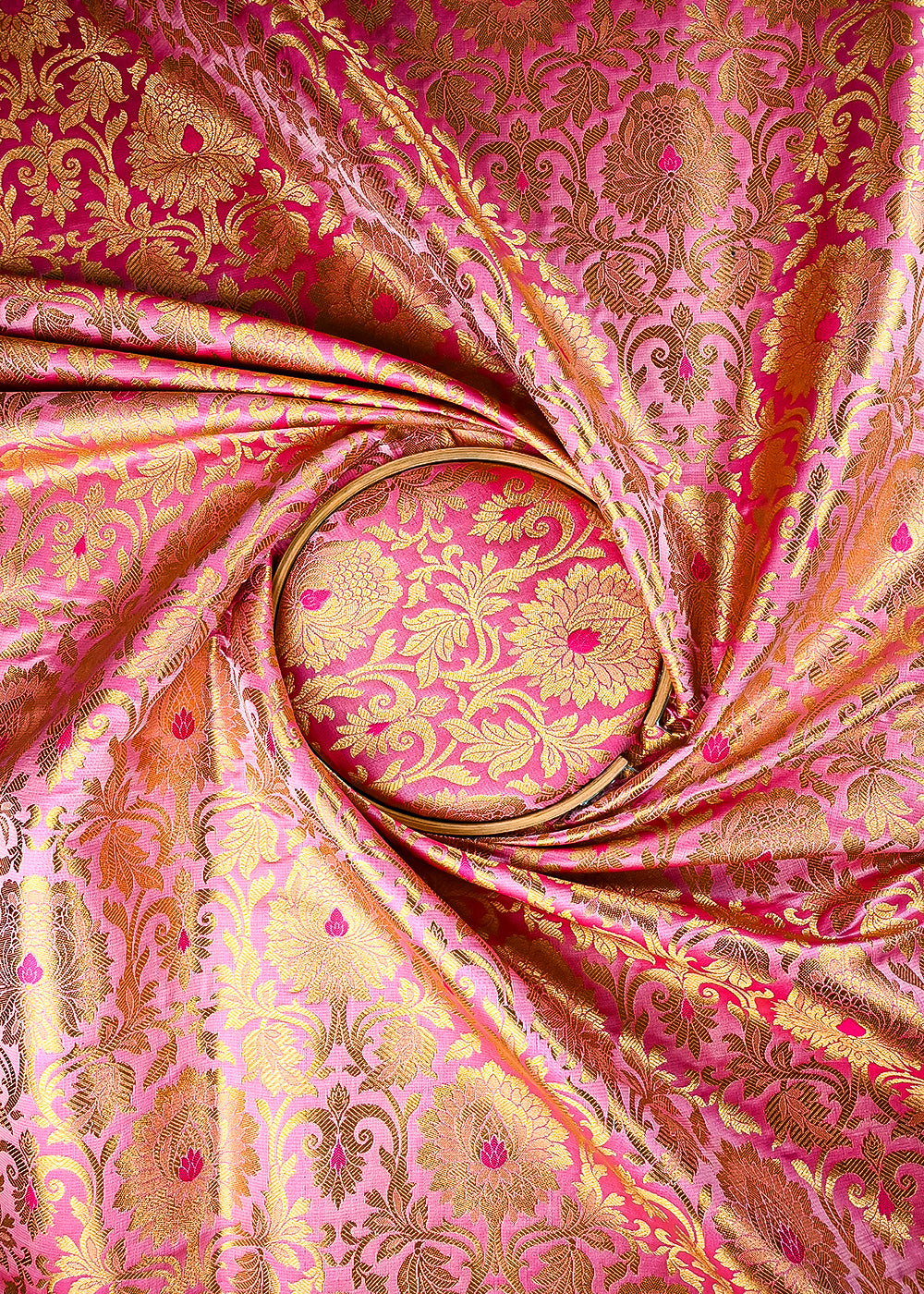 Baby Pink Banarasi Brocade Fabric With All Over Thread And Zari Handloom 25254
