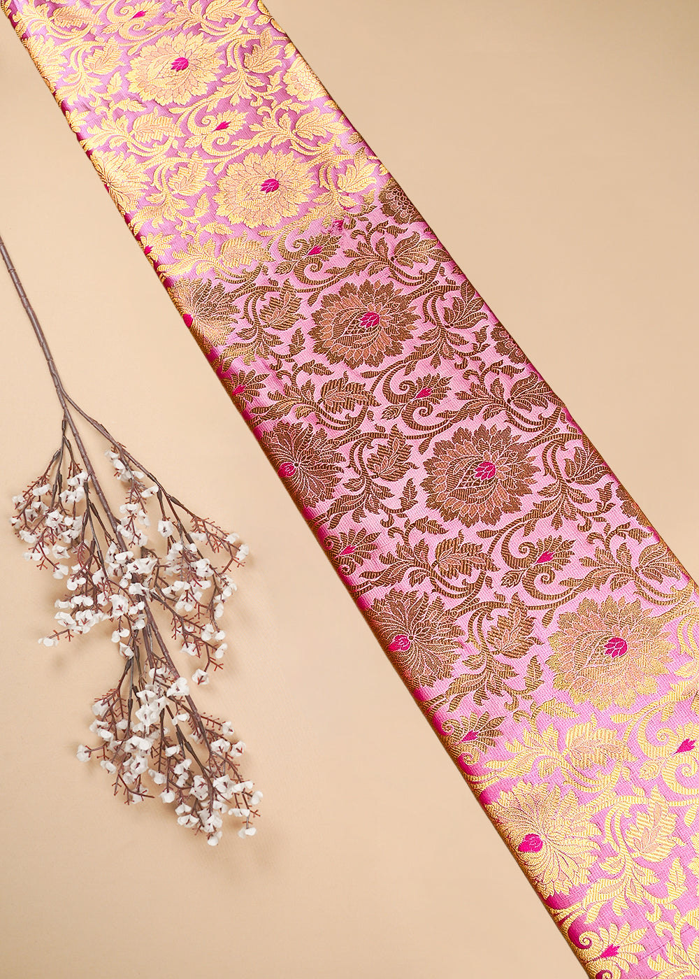 Baby Pink Banarasi Brocade Fabric With All Over Thread And Zari Handloom 25254