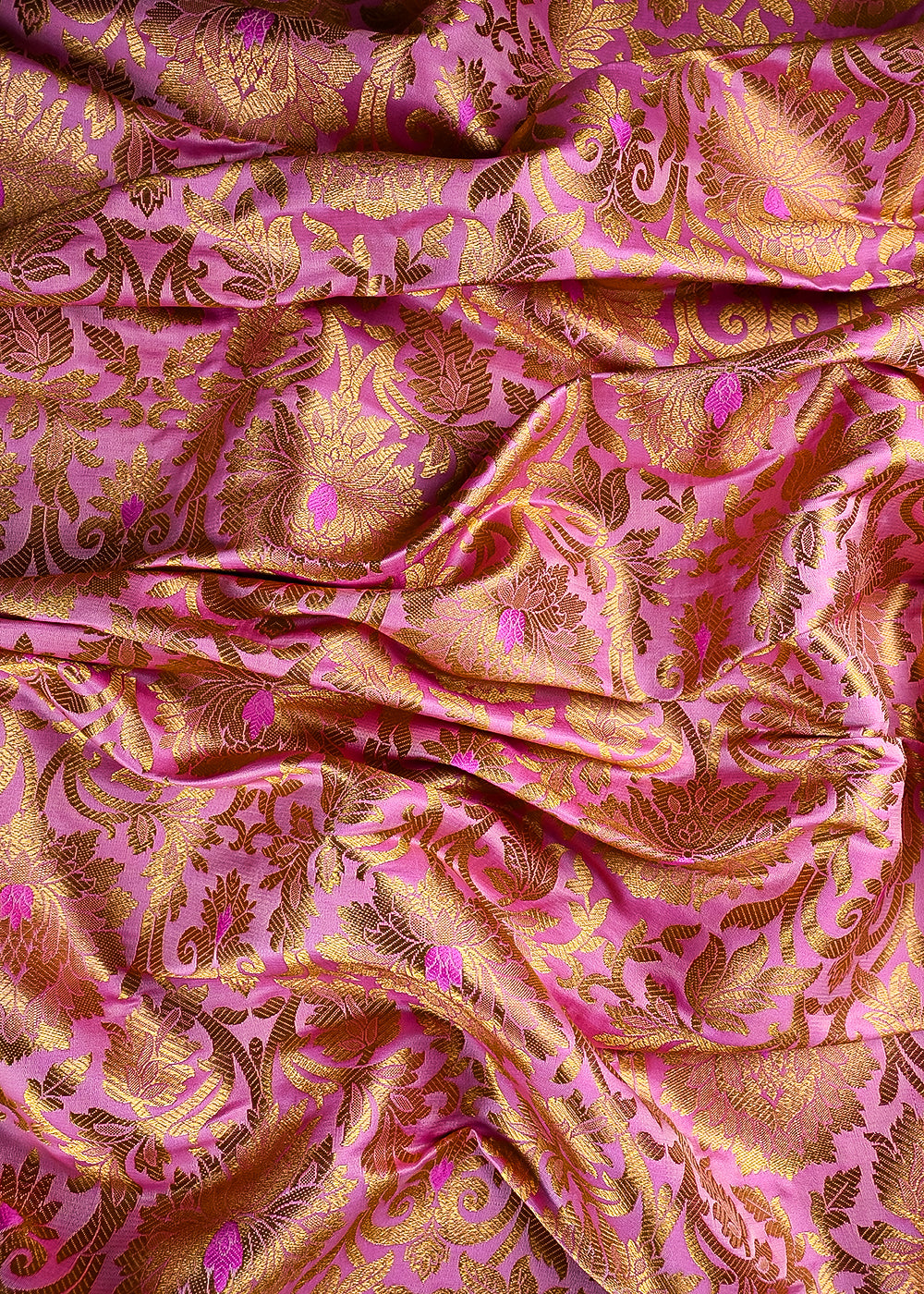 Pink Banarasi Brocade Fabric With All Over Thread And Zari Handloom 25255