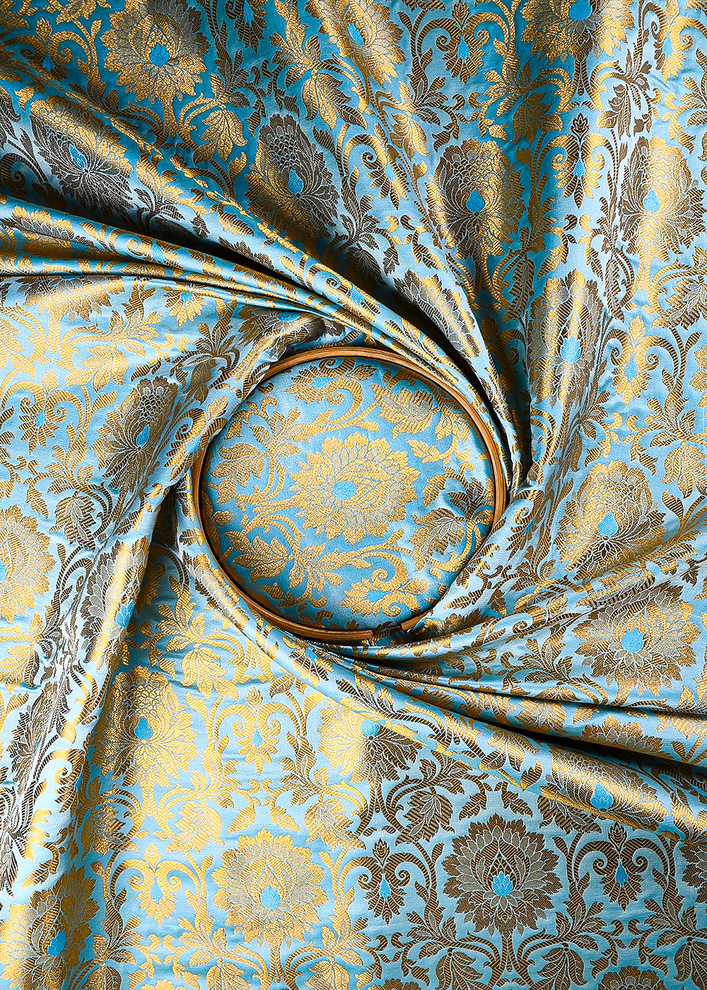 Light Blue Banarasi Brocade Fabric With All Over Thread And Zari Handloom 25256