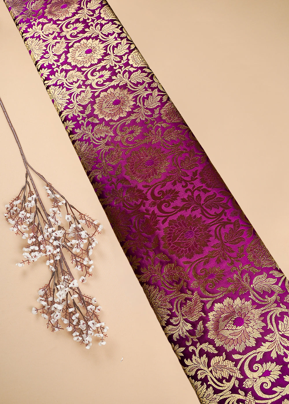 Purple Banarasi Brocade Fabric With All Over Thread And Zari Handloom 25257