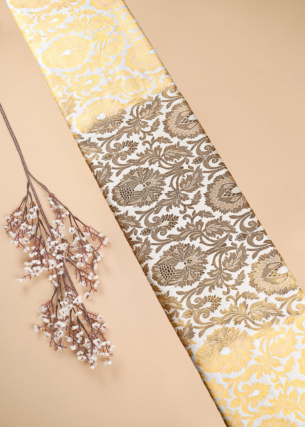 Off White Banarasi Brocade Fabric With All Over Thread And Zari Handloom 25258