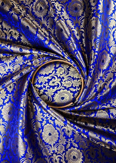 Royal Blue Banarasi Brocade Fabric With All Over Thread And Zari Handloom 25259