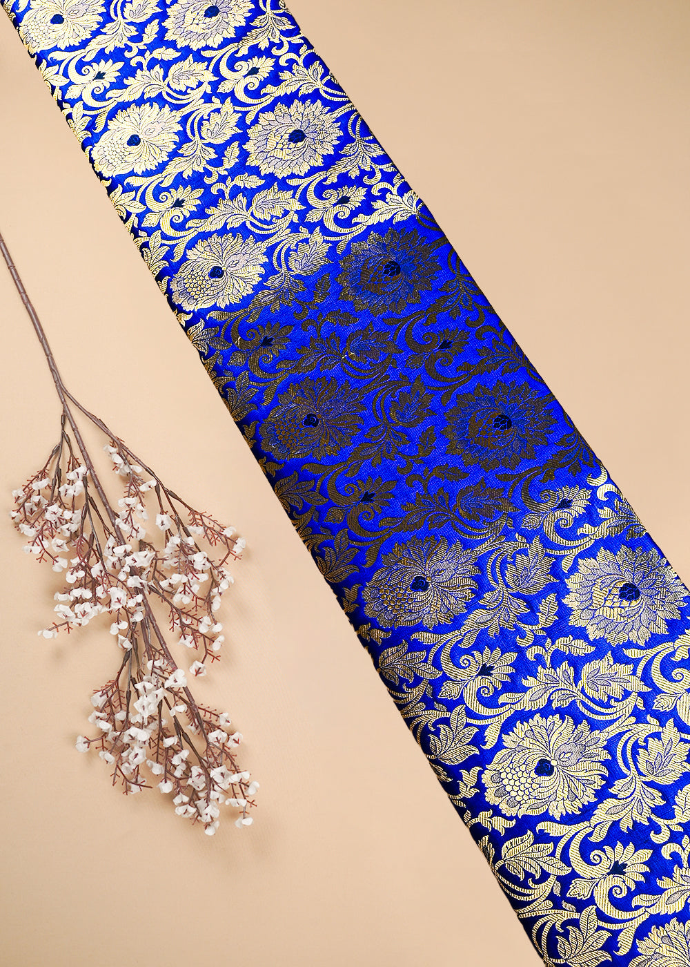 Royal Blue Banarasi Brocade Fabric With All Over Thread And Zari Handloom 25259