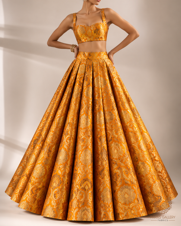 Mustard Banarasi Brocade Fabric With All Over Thread And Zari Handloom 25260