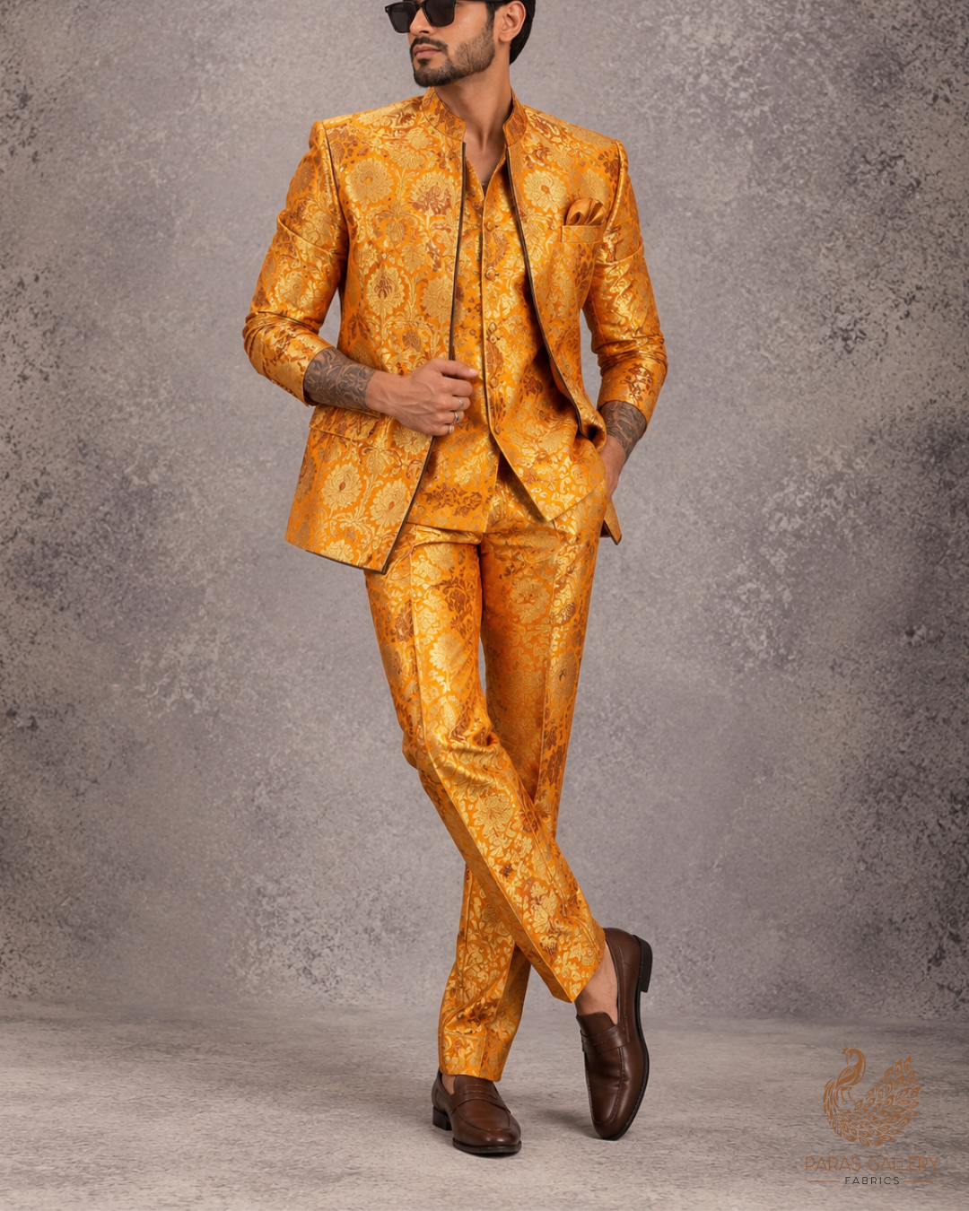 Mustard Banarasi Brocade Fabric With All Over Thread And Zari Handloom 25260