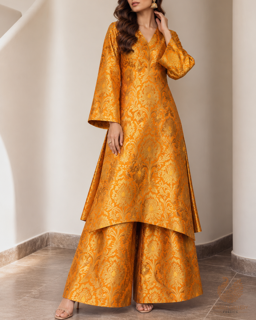 Mustard Banarasi Brocade Fabric With All Over Thread And Zari Handloom 25260
