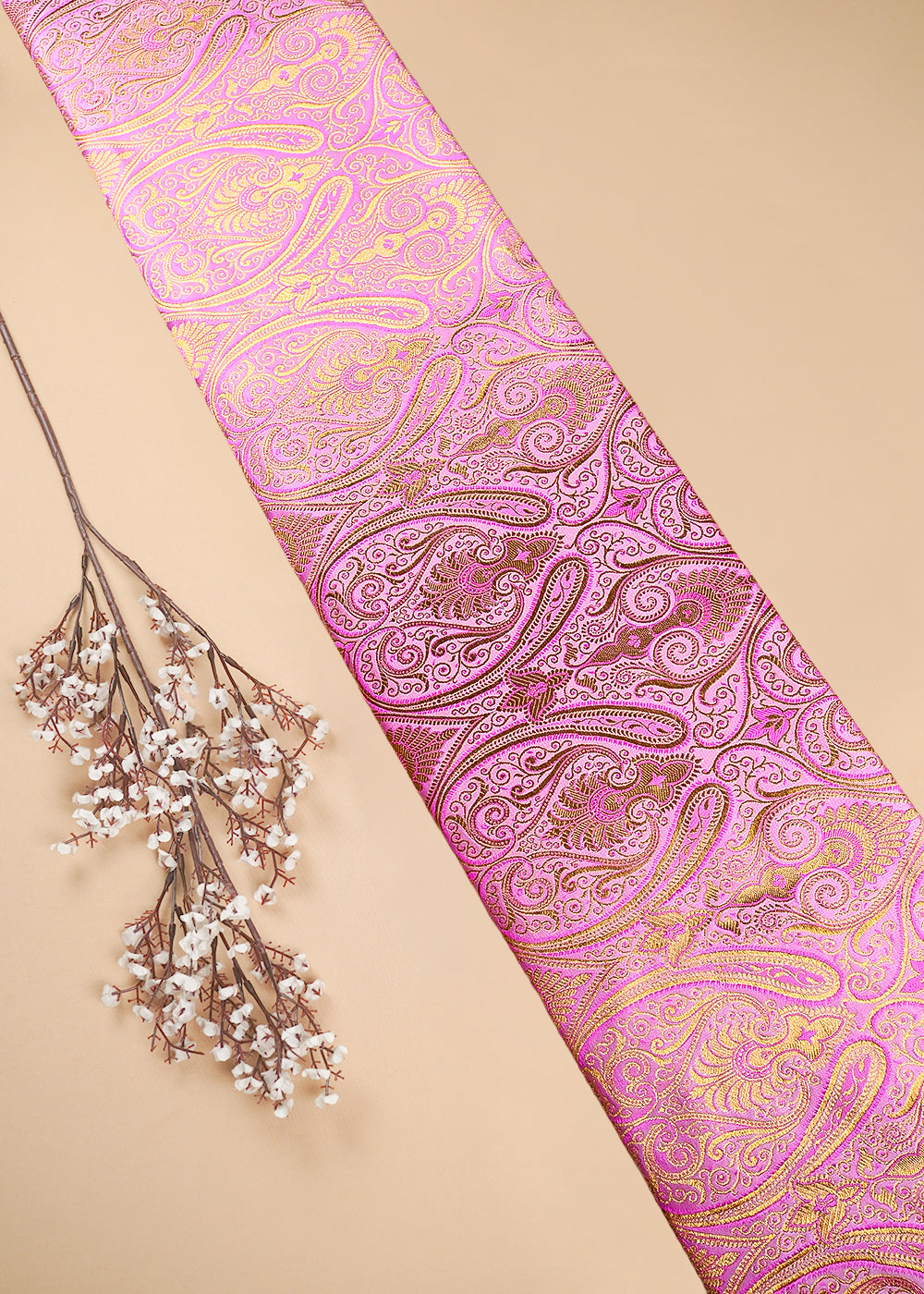 Pink Banarasi Brocade Fabric With All Over Thread And Zari Handloom 25263