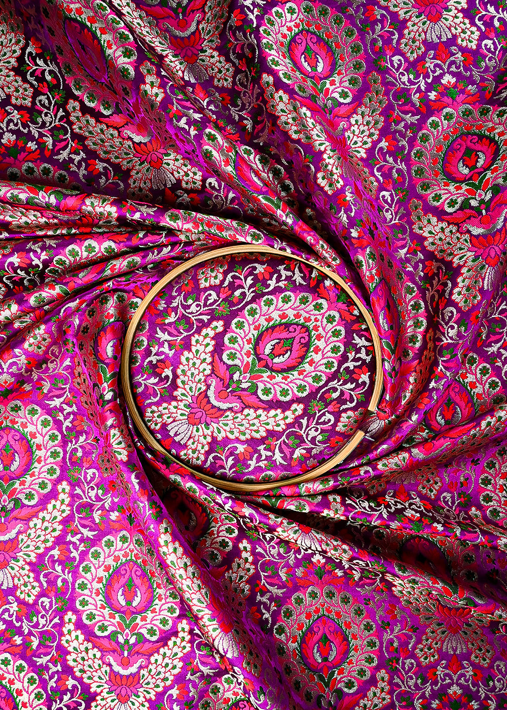 Purple Pure Banarasi Brocade Fabric With All Over Thread And Zari Handloom 25268