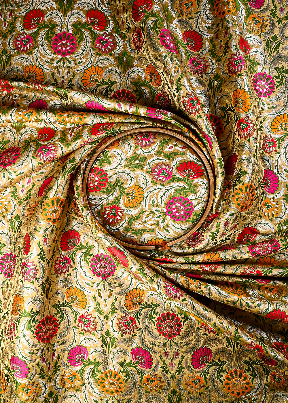 Gold Pure Banarasi Brocade Fabric With All Over Thread And Zari Handloom 25271