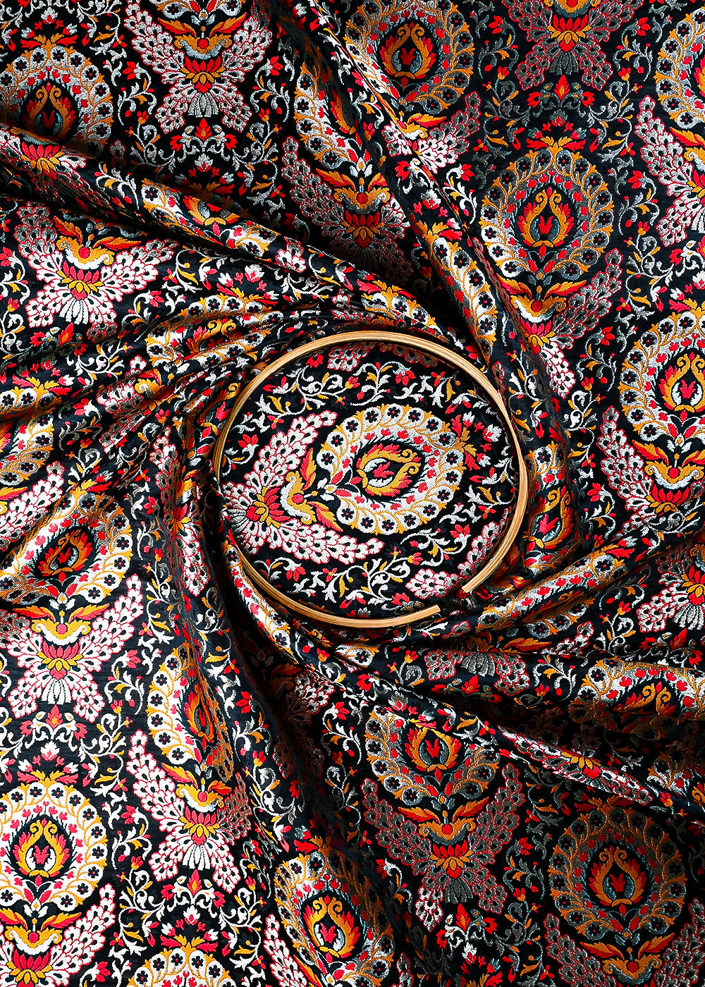 Black Pure Banarasi Brocade Fabric With All Over Thread And Zari Handloom 25272