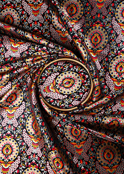 Black Pure Banarasi Brocade Fabric With All Over Thread And Zari Handloom 25272