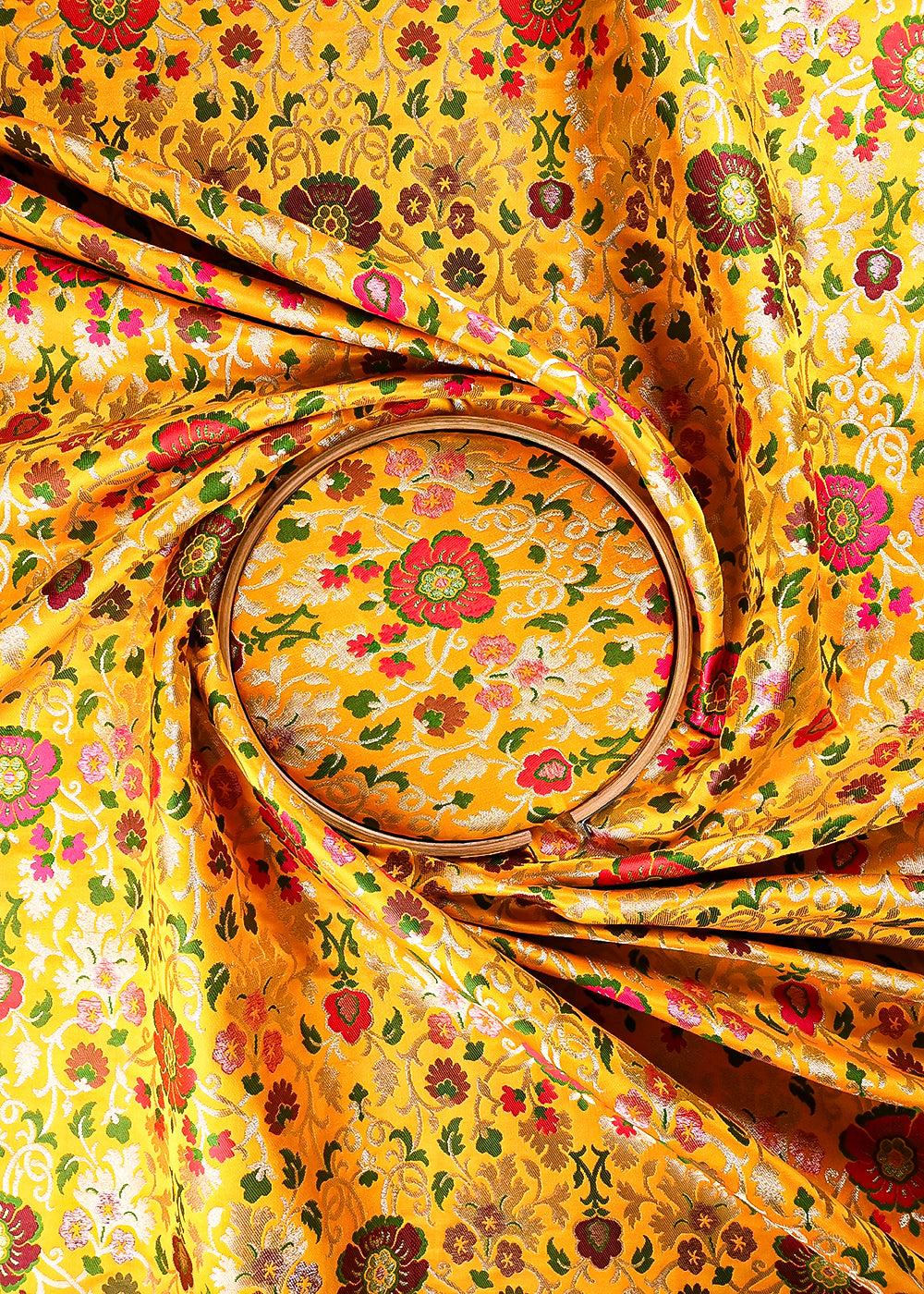Yellow Banarasi Brocade Fabric With All Over Thread And Zari Handloom 25273