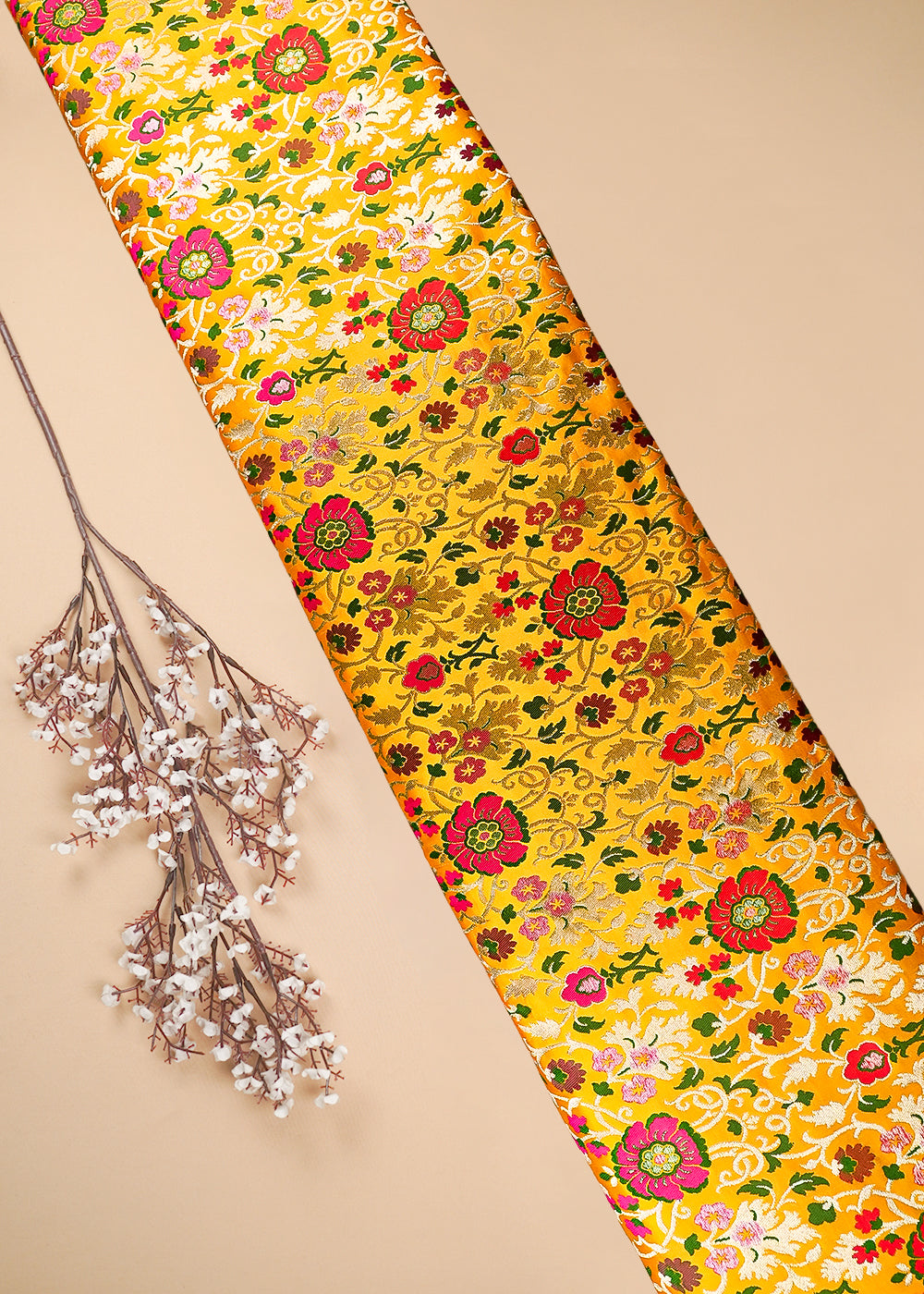 Yellow Banarasi Brocade Fabric With All Over Thread And Zari Handloom 25273