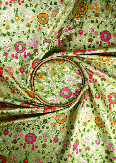 Pista Green Banarasi Brocade Fabric With All Over Thread And Zari Handloom 25274