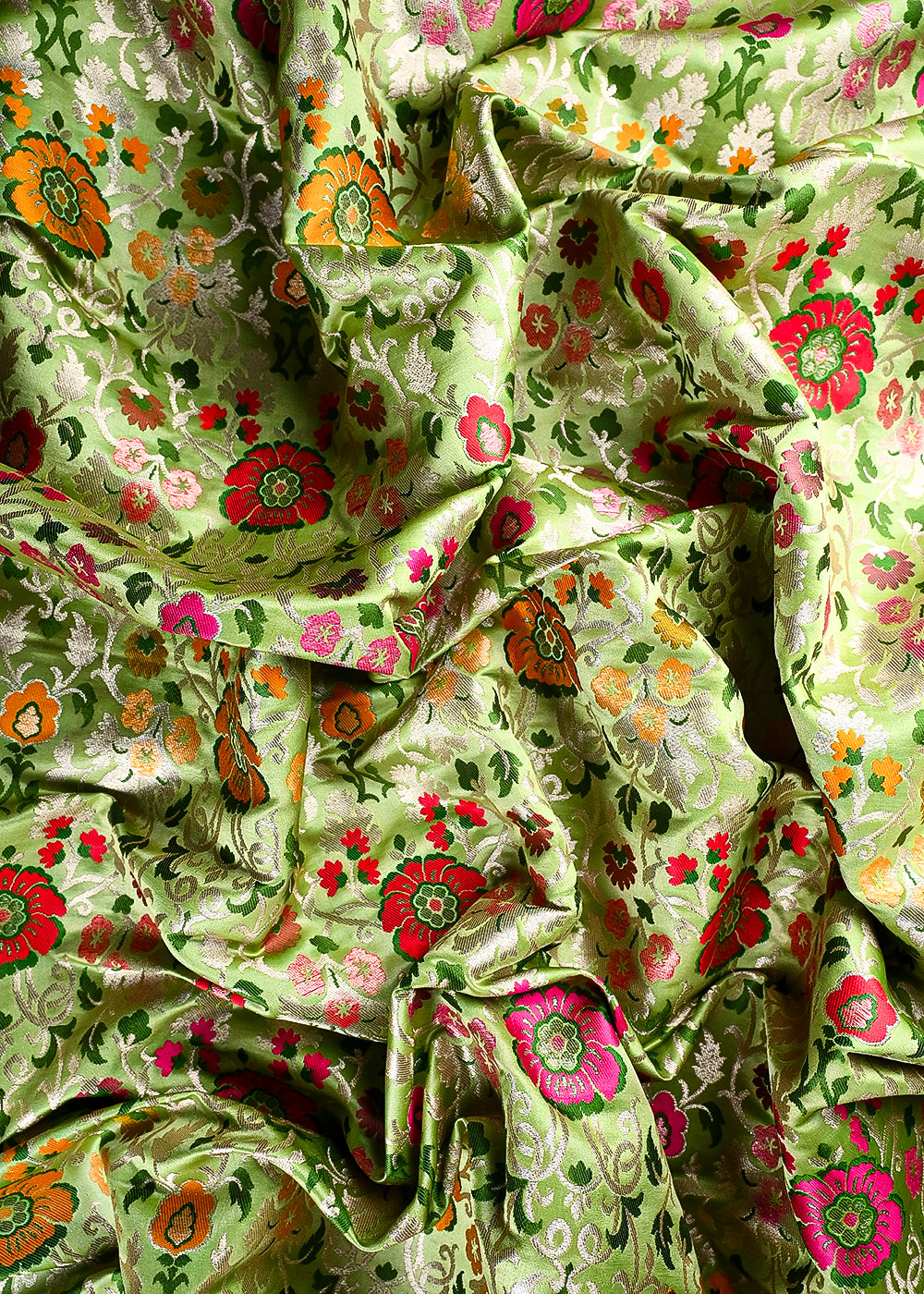 Pista Green Banarasi Brocade Fabric With All Over Thread And Zari Handloom 25274