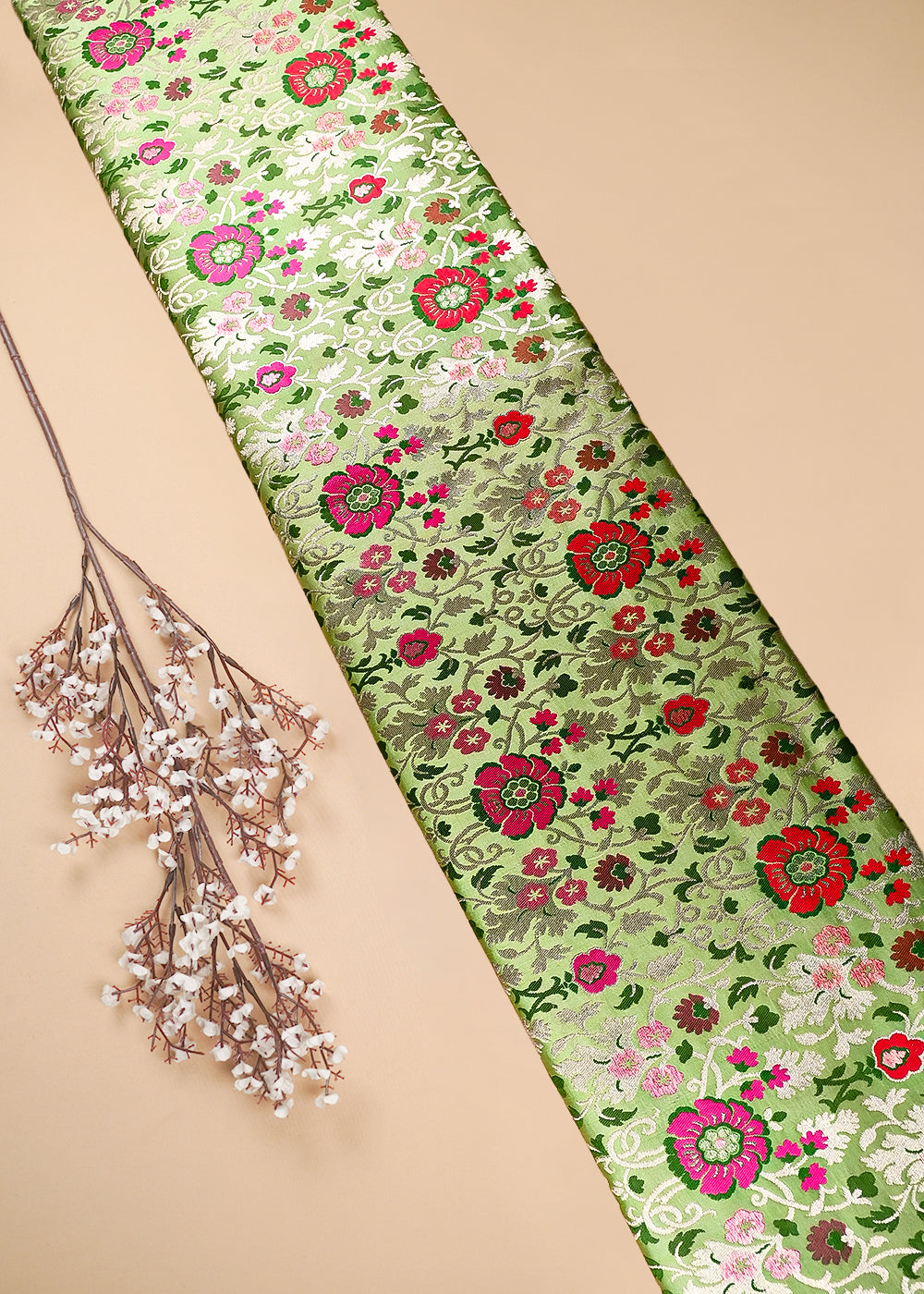 Pista Green Banarasi Brocade Fabric With All Over Thread And Zari Handloom 25274