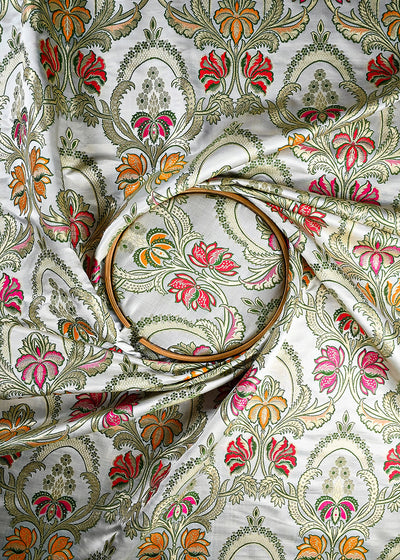 Cream Pure Banarasi Brocade Fabric With All Over Thread And Zari Handloom 25276
