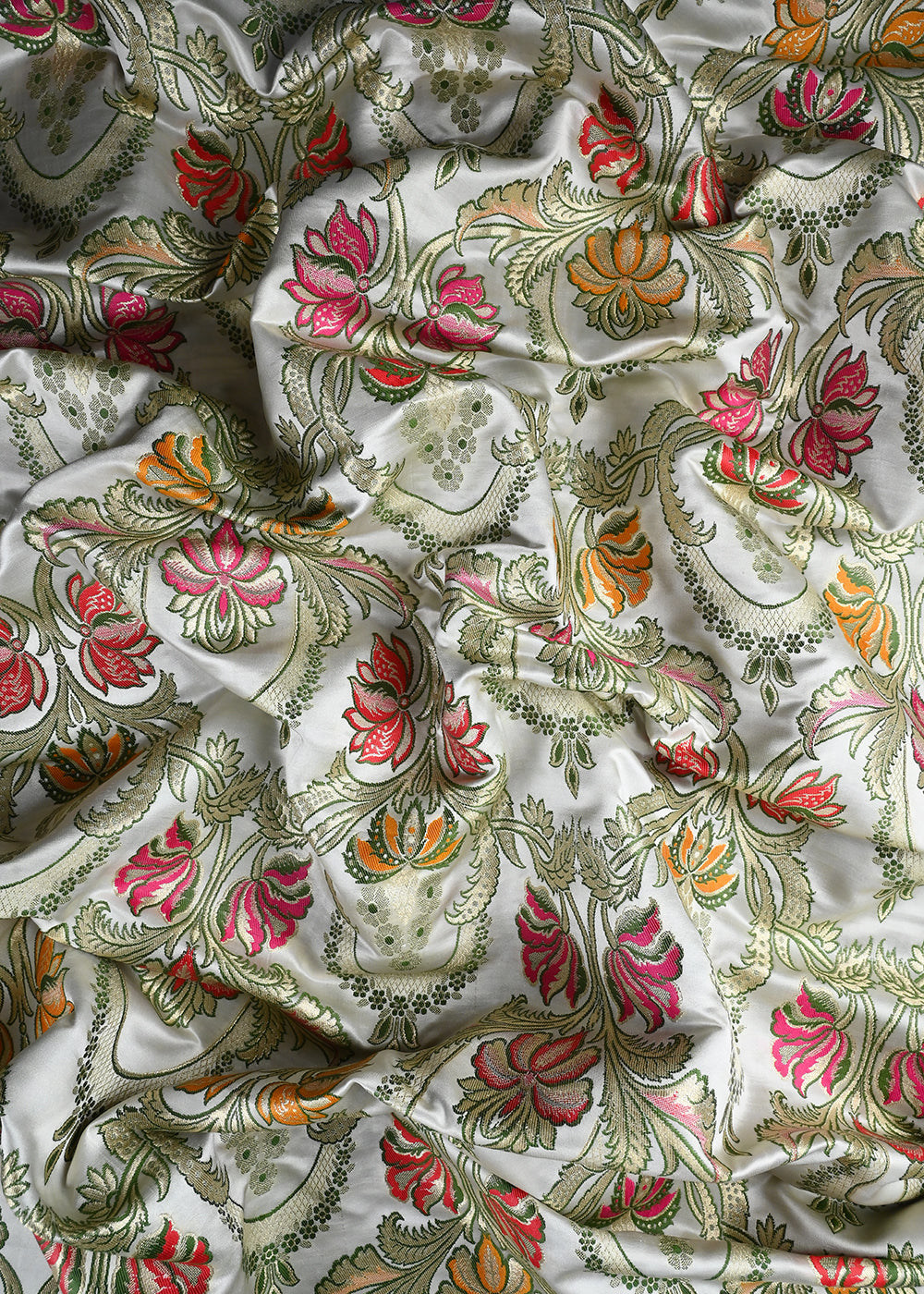 Cream Pure Banarasi Brocade Fabric With All Over Thread And Zari Handloom 25276